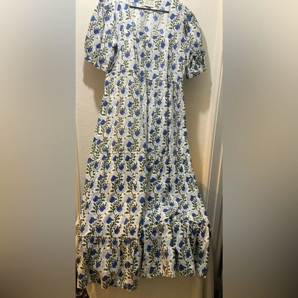 SZ Blockprints Blue Floral Midi A-Line Cotton Dress - Size Large - Picture 3 of 7